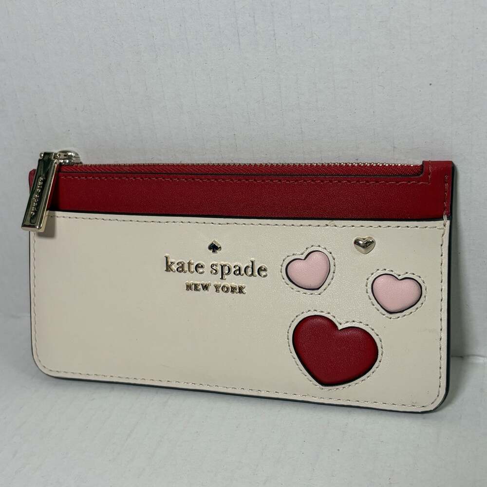 Kate Spade New York Heart Applique Zip Card Holder Wallet Cream Red Pink